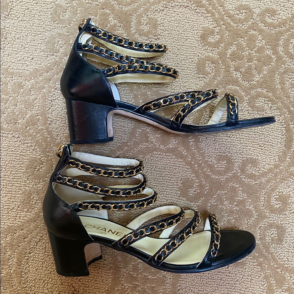 Chanel classic black and gold leather chain heeled sandals size 38 - Picture 4 of 13